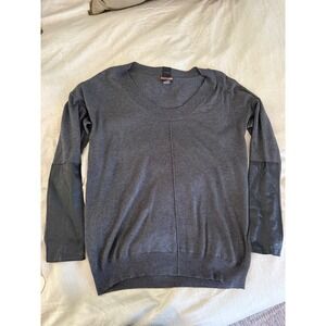 Elliott Lauren Gray Silk Cashmere Sweater Leather Patch Sleeves Pullover Women M